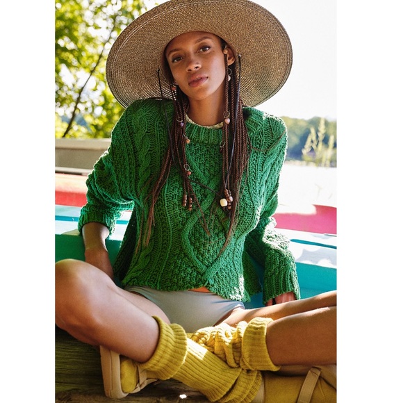 Free People Cutting Edge Cable Pullover Sweater Cropped Raw Hem Green Bee XS - Picture 4 of 4